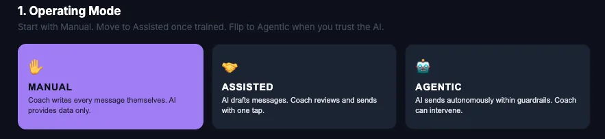 The operating mode control: Manual, Assisted and Agentic, with Manual selected