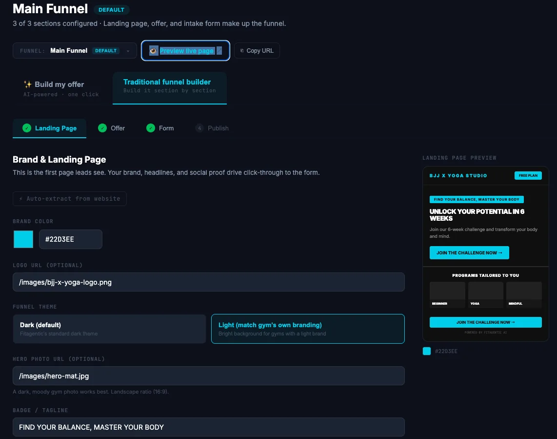 The funnel builder: brand and landing page fields on the left, a live preview of the landing page on the right